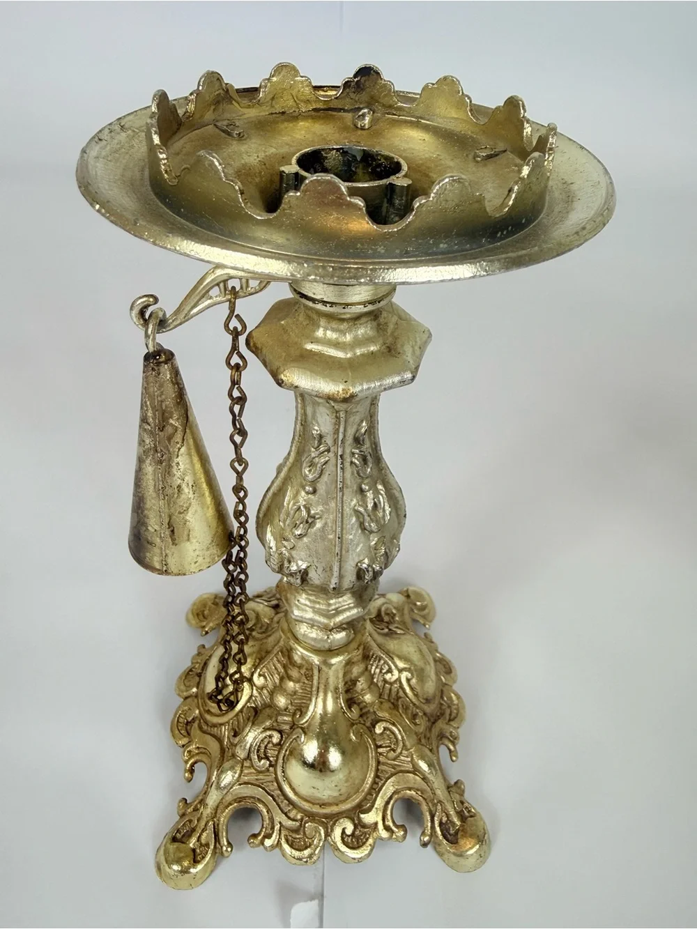 Vintage Gold-Tone Ornate Baroque Style Cast Metal Candleholder Attached Snuffer
